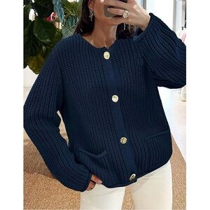 Navy Blue Button-Up Knit Cardigan